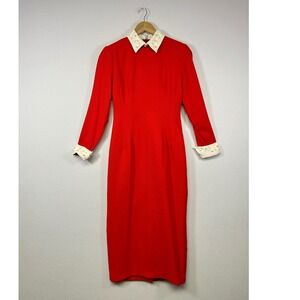 Statement Misty Lane Vintage Midi Dress Womens 4 Red Pearl Long Sleeve ormal